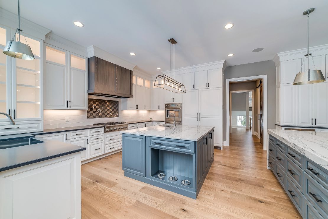 Blue-grey island kitchen