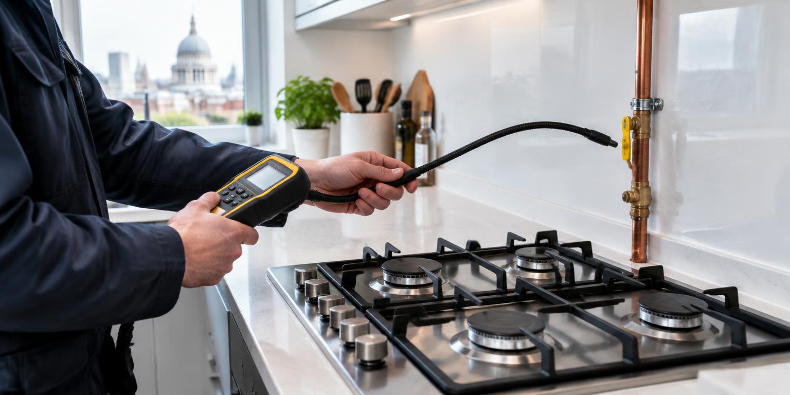 Illustration of an engineer inspecting gas pipework beside a kitchen hob